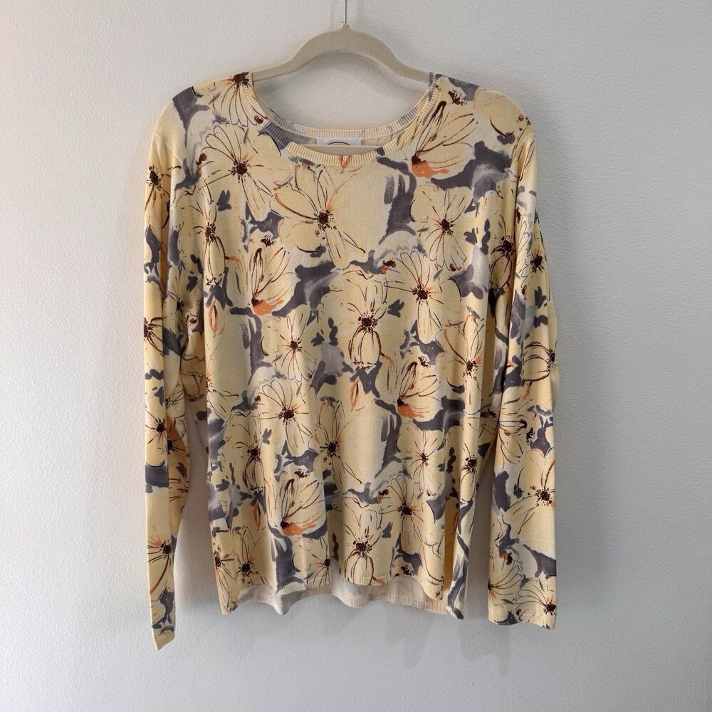 Talbots Sweater Pullover XL Silk Knit Floral Yellow Gray Soft Stretch Preppy